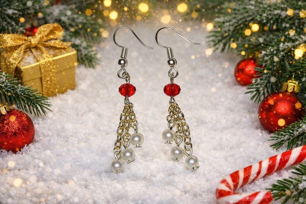 Holiday Chain, Briolette & Pearl Glass Fishhook Earrings #C7